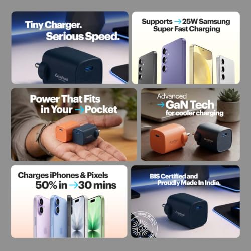 Image of Stuffcool Novus 25W Super Fast GaN Charger with Type C to C 60W 3A Cable for Samsung, Pixel & iPhone Blue