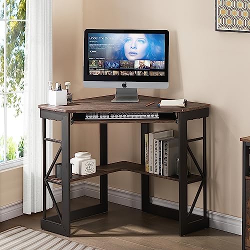 VECELO Corner Computer Desk Writing Smooth Keyboard Tray & Storage Shelves,Compact Home Office Triangle Table, Rustic Natural Brown
