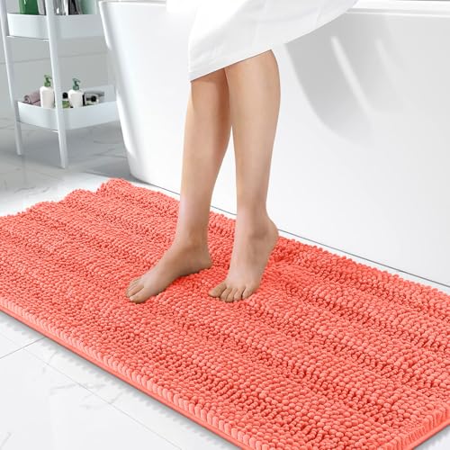 Image of OLANLY Thick Bathroom Runner Rugs 47x24, Extra Absorbent Chenille Striped Bath Rugs, Rubber Backing, Machine Wash Dry, Long Bath Mats for Bathroom Floor, Tub and Shower, Home Decor Accessories, Coral