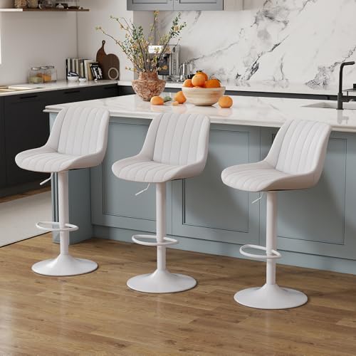 Image of Youhauchair Adjustable Faux Leather Bar Stools Set of 2, White | Swivel, Counter Height, Back & Footrest, Armless, PU, Modern, Kitchen Island Stool, Upholstered Dining Room Chair