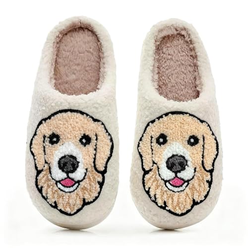 Image of Golden Retriever Slippers for Women, 3D Embroidered Light Golden Puppy Fuzzy Slippers, Non-Slip Warm Half-Heel Home Slippers，Size 8 9