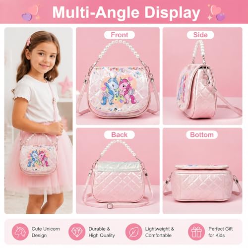 Image of PATPAT Unicorn Sling Bag for Girls, Women & Kids - Pink, Animal Print, Zipper Closure, Beaded Chain & Shoulder Straps, Compact Size (19x9x14 cm), Birthday Gift