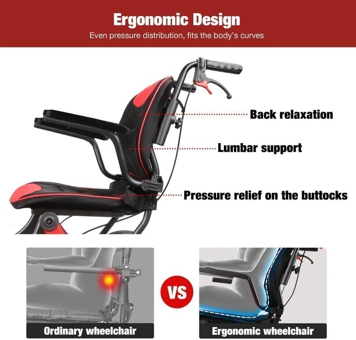 Wheelchairs for Adults,Transport Wheelchair Lightweight Foldable with Removable Cushion,Ergonomic Transfer Chair with 12-inch Rear Wheels for All Terrains,Travel Wheelchair,Red