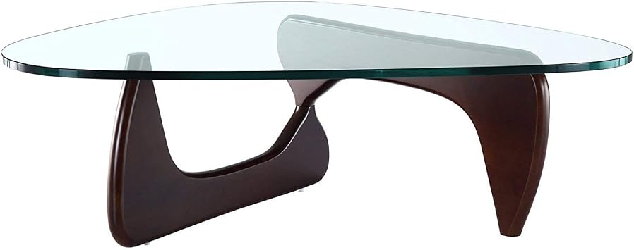 EMODERN FURNITURE - Mid-Century Modern Style Coffee Table Glass Top Hardwood Base Dark Walnut