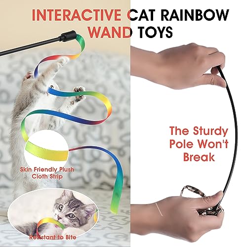 Amaxiu Cat Wand Toy Set, Interactive Cat Wand Toy with Rainbow Ribbon String, Rainbow Cloth String, Leopard Print Cloth String for Small Cats Kittens Indoor Training Catcher(6 Packs) - Thumbnail 3