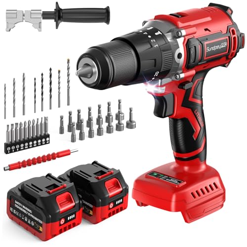SundpeyPRO Cordless Power Drill Set - 21V Brushless Hammer Drill 118Nm w/ 2×4.0Ah Battery 20+3 Torque Settings 2 Speeds 1/2 Metal Chuck Electric Drills for Wood Metal Brick Lightweight-Concrete