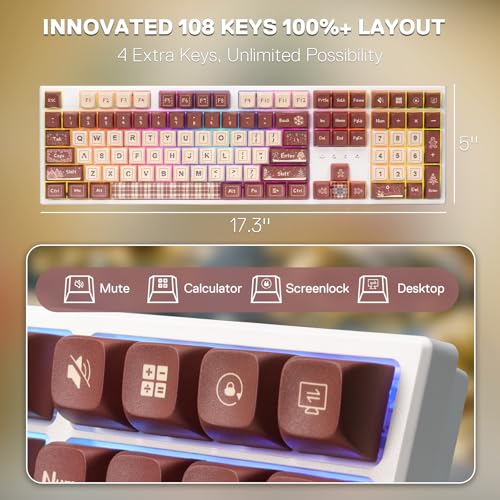 Image of Redragon K668 Xmas Wired Gasket RGB Gaming Keyboard, 108 Keys Mechanical Keyboard w /Extra 4 Hotkeys, Upgraded Hot-swappable Socket, Sound Absorbing Foam, Christmas Gingerbread Man Themed Cute Keycaps