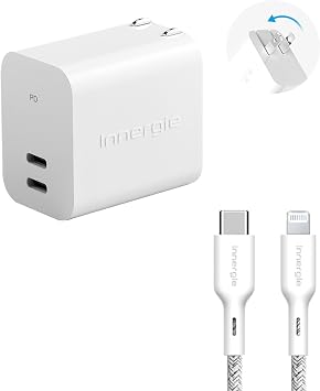 Innergie C4 Duo 45W GaN Dual-Port Foldable USB C Charger + USB C to Lightning Nylon Cable 5.9ft, 1.8m Apple Mfi Certified for iPhone, iPad, AirPods Compatible with iPhone 15, iPad, MacBook Air, Swit