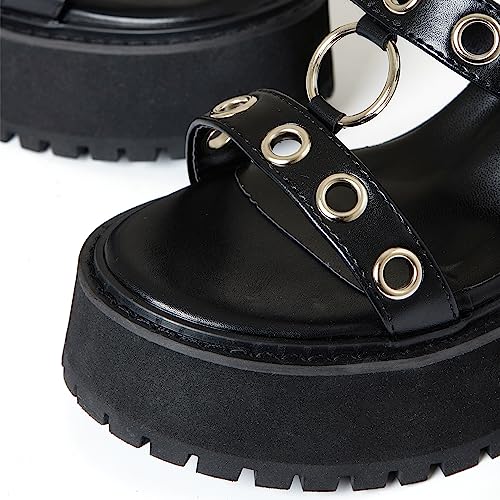 Goiphrri Platform Sandals For Women Chunky Heel Metal Rings Stunning Gladiator Open Toe Ankle Strap Black Punk Goth Party Sandals #TOP2