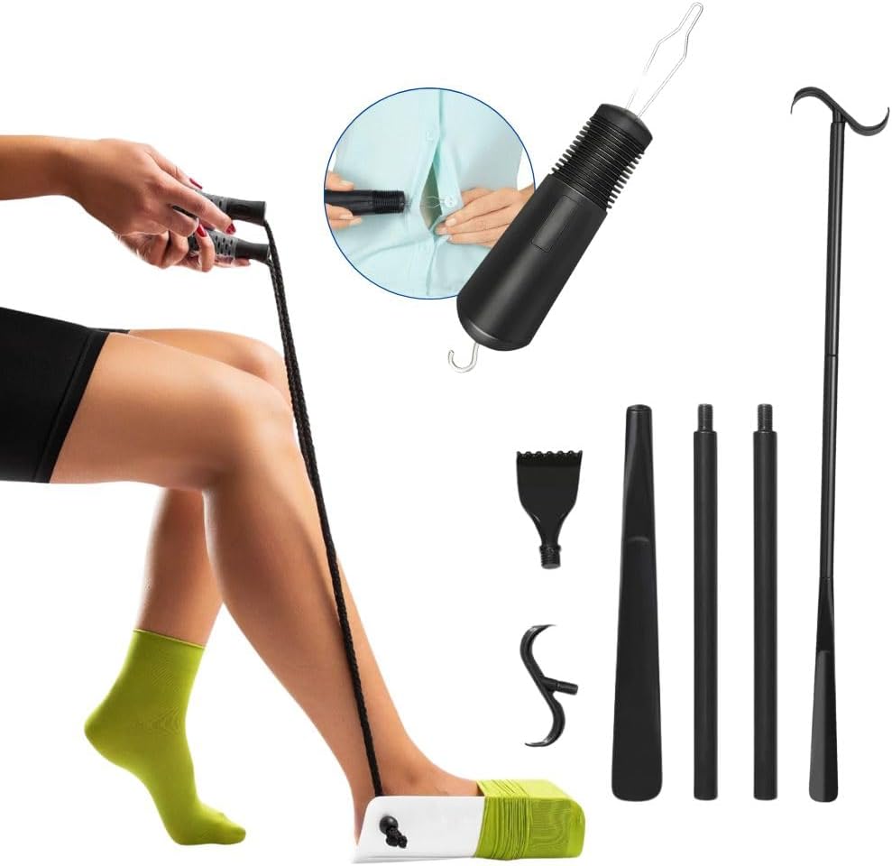 Compression Sock Aid Device - Ergonomic Handles-Sock Assistant Device - Adjustable Dressing Stick for Shoes, Socks, Shirts, Pants - Button Hook and Zipper Pull One Hand Buttons