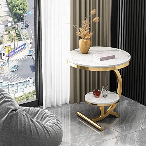 Binzhi Luxury Marble Sofa Side Table Corner Table Living Room Sofa End Bedside Table Small Round Coffee Table (White) #TOP2