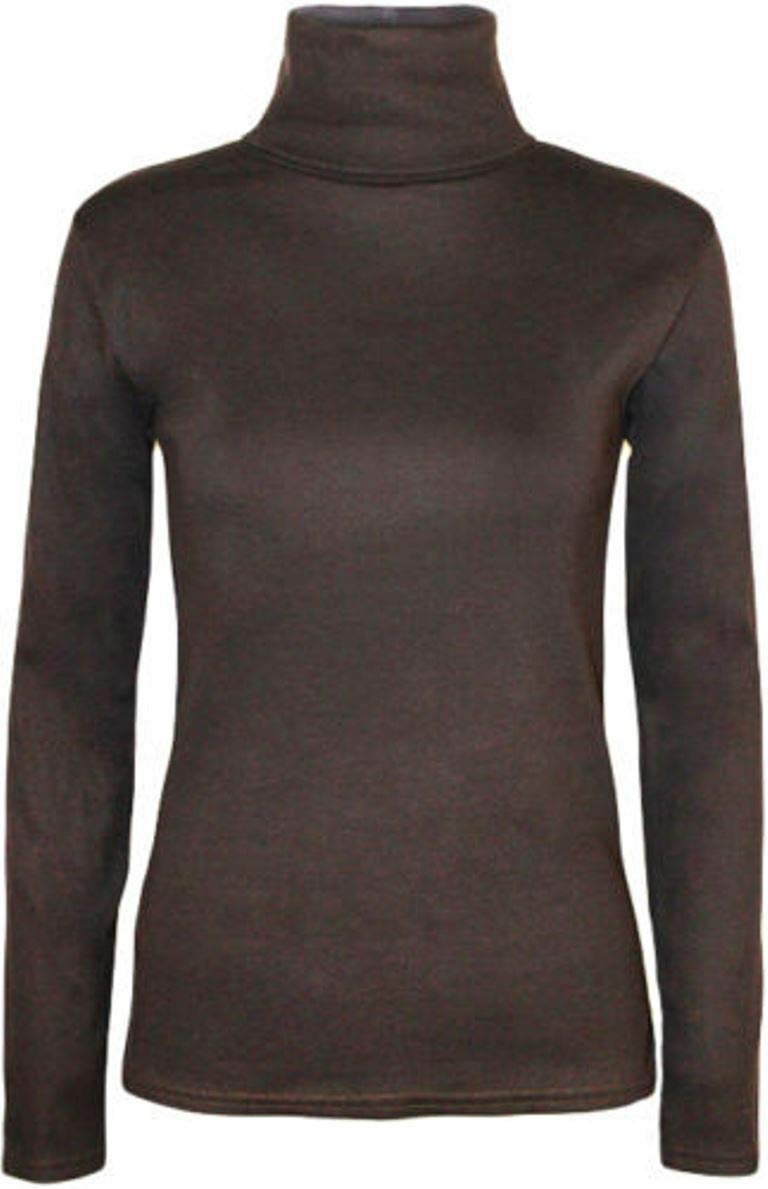 Fashion Lovers Women Stretch Plain Polo Turtle Roll Neck Jumper Brown