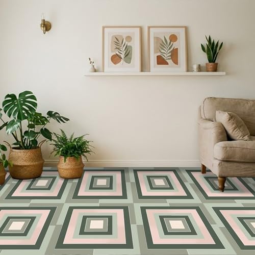 Image of Nuxovilar Peel and Stick Vinyl Floor Tiles, 12x12 Inch | Morandi Pink Green Square Geometric Pattern, Self-Adhesive Flooring (10 Pcs)