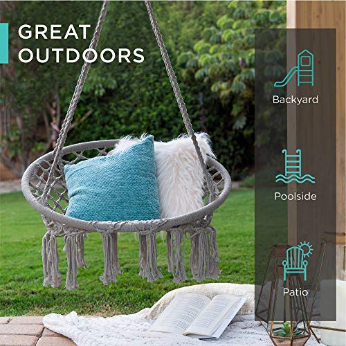 Best Choice Products Handwoven Cotton Macramé Hammock Hanging Chair Swing For Indoor & Outdoor Use W/Backrest, Fringe Tassels, 265 Pound Capacity - Gray #TOP2