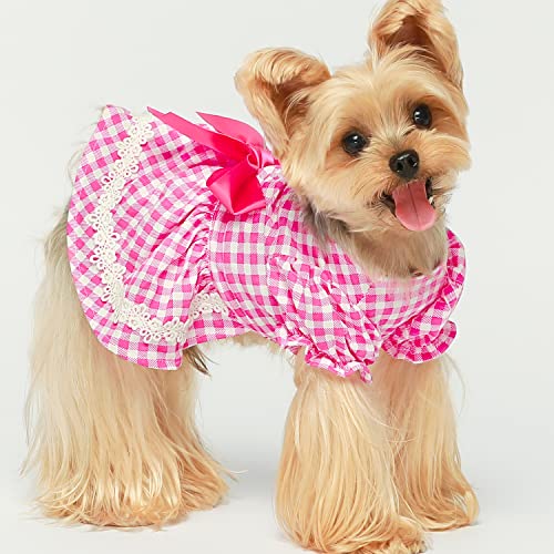 Fitwarm Gingham Dog Dress With Puff Sleeve, Plaid Summer Dog Clothes For Small Dogs Girl, Pet Cat Outfit, Hot Pink, Size Small #TOP1