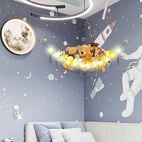 Image of CERETIA Stuffed Animal Hammock with LED Light, Large Stuffed Animals Storage Corner Plushie Net for Kids Room Decor, Grey