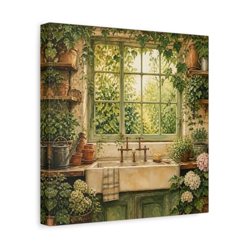 Tableau nature jardin fenêtre 30x30 cm décoration murale en toile pour cuisine