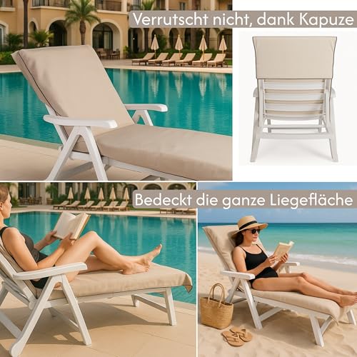 CalmySEA 2X Handtuch für Sonnenliege - 200x75cm mit Kapuze Microfaser Light Weight Schonbezug für Gartenliege Handtücher mit Umschlag Liegestuhl Bezug Strandliege (Beige, 2 Stück)