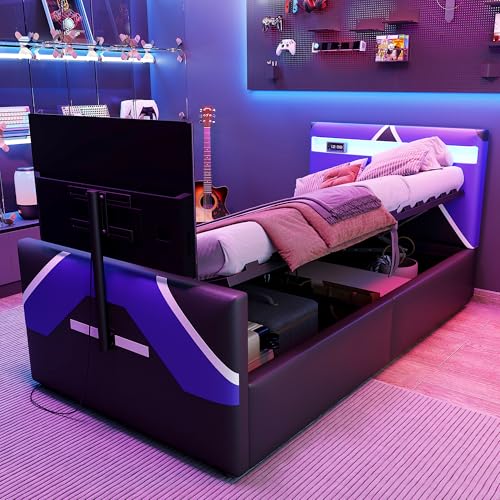 Kinderbett 90*200 im E-Sport-Stil mit PU-Lederbezug in Farbblockoptik, LED-Beleuchtung mit Farbwechsel, hydraulischem Stauraum und integrierter TV-Halterung Multifunktionales Gaming Bett (Blau)