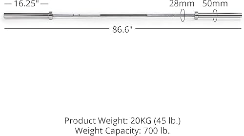 Miniatura 2 de Titan Fitness Barra olímpica Performance Series, barra olímpica de moleteado de volcán mediano de 44.1 lbs y 1.102 in, clasificada 700 libras, barra