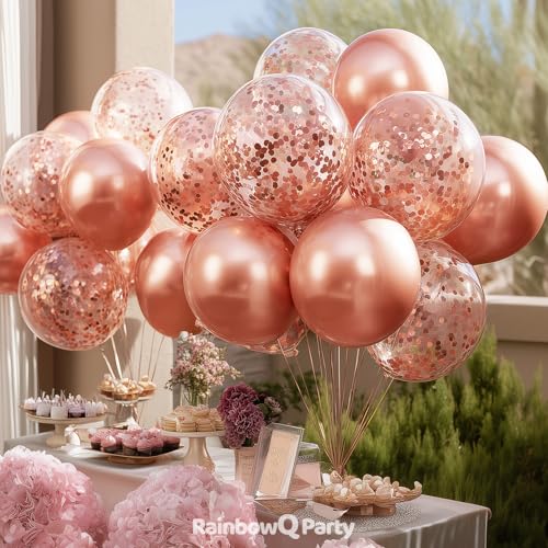 Image of RainbowQ Metallic Rose Gold Balloons: 55Pcs 12 inch Chrome Rose Gold Helium Shiny Latex Balloon for Birthday Anniversary Wedding Dinosaur Decoration