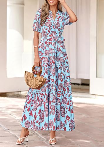 Image of PRETTYGARDEN Women's Summer Boho Floral Maxi Dresses | Bohemian Flower, Short Sleeve V Neck, Fit and Flare, A Line, Flowy Tiered, Belt Pocket, Wedding Guest, Beach Vacation Outfits