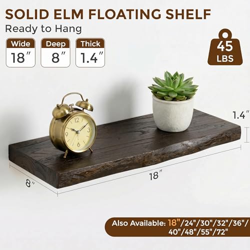Image of Dreamland 18 Inch Long Floating Shelves Set of 2, Rustic Solid Elm Wood Live Edge Floating Shelf Wall Mounted, 8 Inch Deep Wall Shelves with Invisible Bracket for Living Room Bathroom Kitchen, Walnut