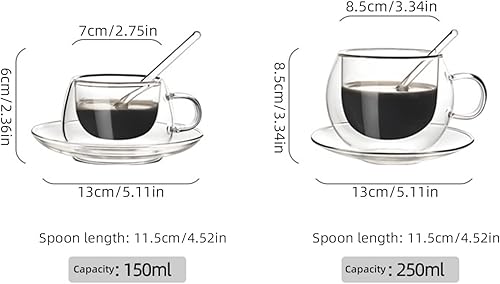 Miniatura 6 de PRTECY Juego de 2 tazas de café expreso de vidrio con platillos y cucharas, 8.45 onzas con aislamiento de doble pared para cafété, tazas de