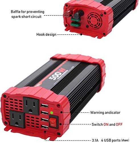 BYGD 500W Car Power Inverter DC 12V to 110V AC Converter Dual Outlets with 3.1A 4 USB Ports Car Charger Adapter