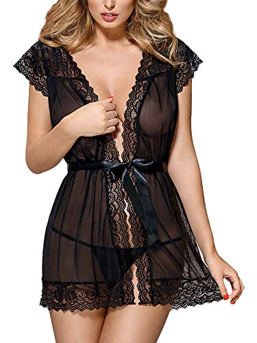 Obsessive eleganter Morgenmantel aus durchsichtigem Netz und sinnlicher Spitze, schwarz (L/XL)