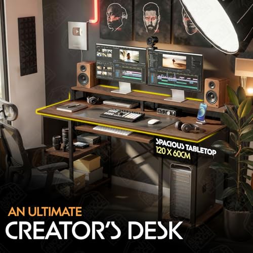 Image of ABOUT SPACE Study Table with Monitor Stand, Keyboard Tray & Bottom Storage - 25mm Metal Frame Gaming Table - Office Desk for Laptop, PC-Engineering Wood Computer Table(Walnut - L121.5 x B60.5 x H87cm)