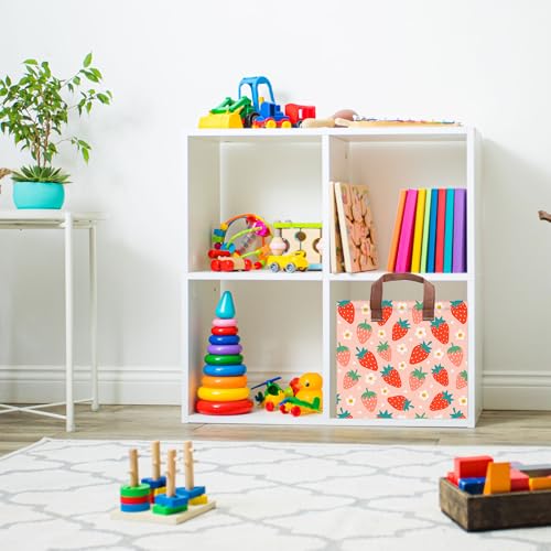 Image of Strawberry Storage Basket Waterproof Canvas Toy Storage Bin Strawberry Shortcake Room Decor Collapsible Outdoor Basket with Leather Handles Blanket Baskets For Closets,Bedrooms,Gifts Baskets