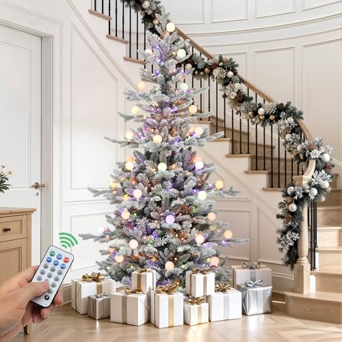 YITAHOME 6ft Prelit Snow Flocked Christmas Tree with Remote, Hinged Aspen Fir Christmas Tree with 270 Warm White/Multicolor Changing Lights & 46 Light Bulbs, Foldable Base for Home, Party De