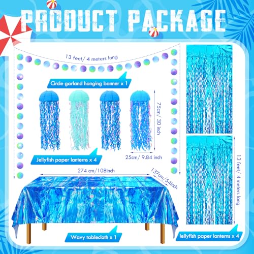 Image of 8 Pcs Under the Sea Party Decorations Ocean Waves Tablecloths Blue Tinsel Foil Fringe Curtain Jellyfish Paper Lanterns Glitter Circle Garland Hanging Banner for Baby Shower Birthday Decor