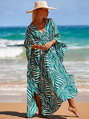 Blue Zebra Beach Kaftan Dresses Animal Print Caftans Cover Ups For Swimwear Rayon Cotton Kaftans Batwing Sleeve Vneck Women Plus Size Maxi Summer Dress Loungewear Streetwear 8772-9 #TOP5