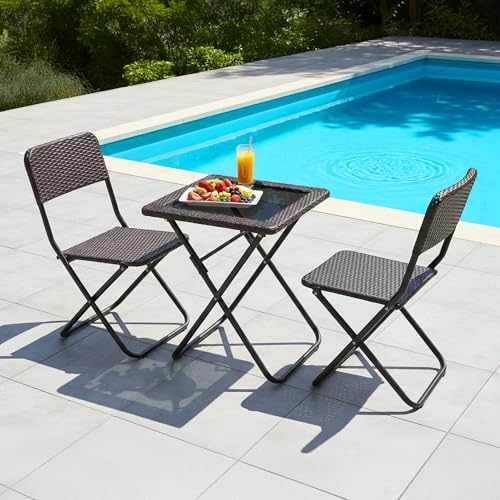 Image of DEVOKO Foldable 3-Piece Outdoor Patio Wicker Furniture Set with Glass Top Table, All-Weather HDPE Rattan, Rustproof Metal Frame for Garden, Balcony & Lawn (Dark Brown)