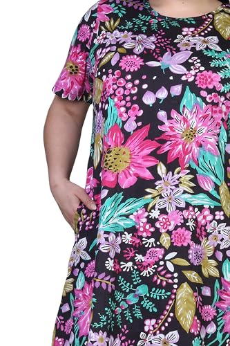 Image of LA CERA Women's Cotton Sun Dresses A-Line with Scoop Neck, Short Sleeves, Side Pockets, Floral Patterns, Machine Wash