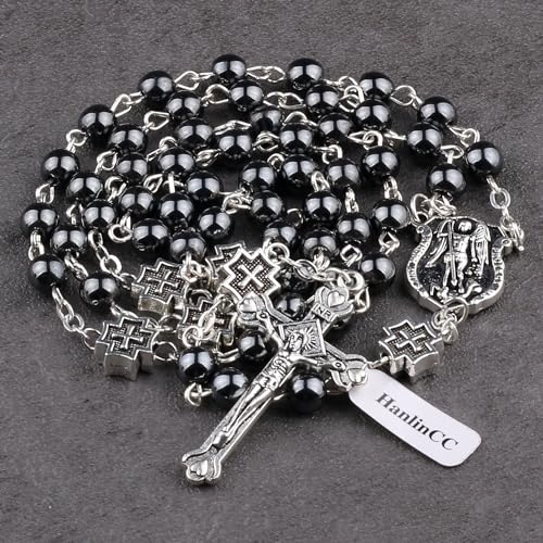 HanlinCC Colar de rosário católico de São Miguel, contas de pedra de hematita com cruz de metal para