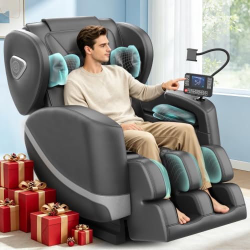 Gegcucey Ganzkörper Massagesessel mit Rollen & Airbags für Massage, Zero Gravity mit Bluetooth Lautsprecher und Touchscreen, Heizfunktion für Taille & Beine, mit Fußmassage für Hause/Büro (Hellgrau)