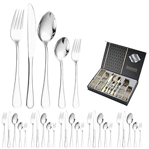 QuiExact 30 Pcs Cutlery Set Knife, Spoon Fork Stainless Steel Flatware Dinnerware Set for Kitchen Home Wedding (Silver)