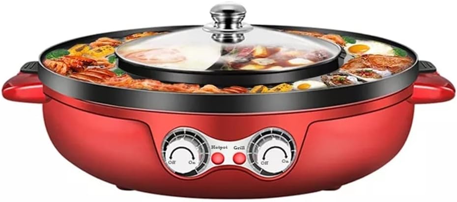 Parrilla Eléctrica Sin Humo 2 en 1 y Olla Caliente 2200W Rojo
