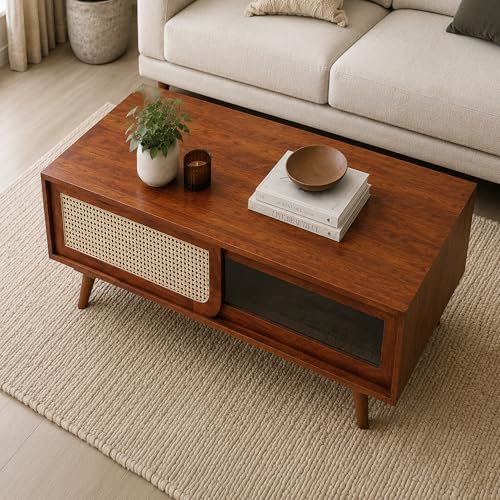 Image of The Attic INES Coffee Table for Living Room, Solid Wood Centre Table with Cane with Sliding Doors, Honey Matt Finish