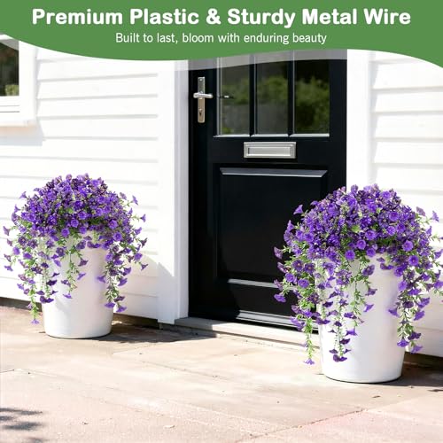 Image of Lewondr Artificial Fake Hanging Flowers Plants for Outdoor Summer Decoration, 2 PCS Faux Silk Purple Morning Glories, 29.5'' UV Resistant Realistic for Outside Planter Porch Patio Balcony Yard Decor