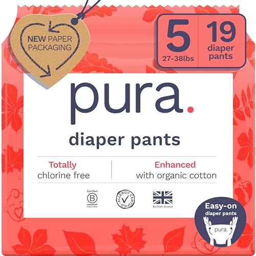 Image of Pura Hypoallergenic Diaper Pants Size 5 (27-38 lbs) Overnight, up to 12 Hours Leak Protection, Suitable for Sensitive Skin, Totally Chlorine Free, Soft Organic Cotton, 1 Pack of 19 Pull Up Pants