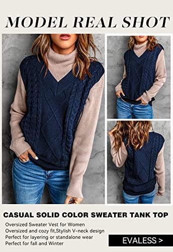 Evlaess Sweater Vest Women Oversized V Neck Sleeveless Sweaters Womens Cable Knit Tops Fall Solid Color Loose Casual Sweater Blue Xx-Large #TOP7