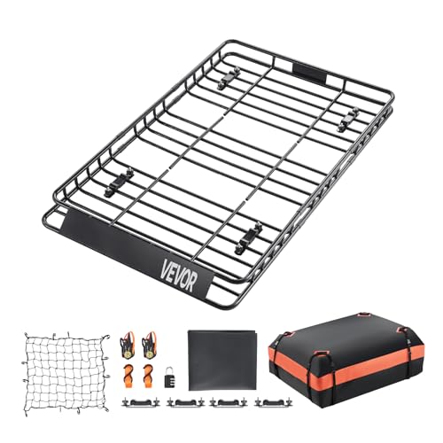 VEVOR Dachgepäckträgerkorb Autodachkorb (1625 x 990 x 105 mm) universeller Dachgepäckträger mit Gepäcktasche & Netz & Ratschengurten (113,4 kg Max Tragkraft), Autodach-Gepäckträger für SUV LKW