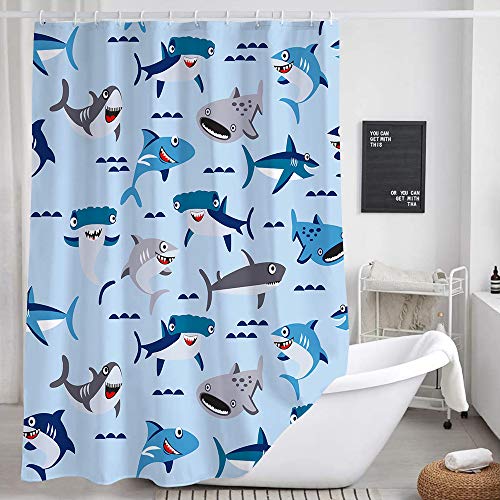 DYNH Cute Kids Shark Shower Curtain for Bathroom, Ocean Cartoon Fish Under the Sea Animals Boys Fabric Shower Curtains Set, Beach Navy Blue Restroom Decor Accessories with Hooks 72X72Inches