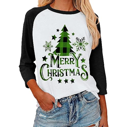 Ojlphh Merry Christmas Shirts Women Plaid Leopard Tree Graphic Print Baseball T Shirt 3/4 Sleeve Raglan Christmas Tee Tops L cover