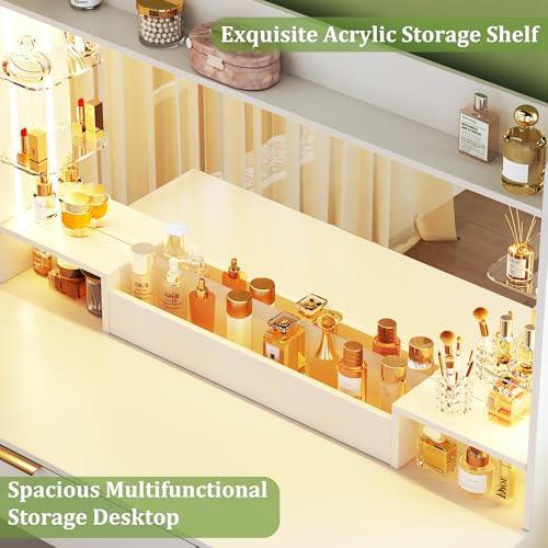 Image of HUAHUU Vanity Desk with Mirror and Lights, Makeup Vanity with Lights, 3 Color Lighting Modes, Vanity Desk with Large Mirror & 4 Storage Drawers & Acrylic Shelves for Bedroom, White
