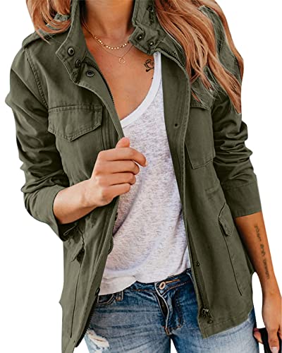 GokeJE Chaqueta militar para mujer, con cremallera, botones a presión, ligera, utilitaria, estilo anorak, safari, para exteriores, color verde militar, Verde